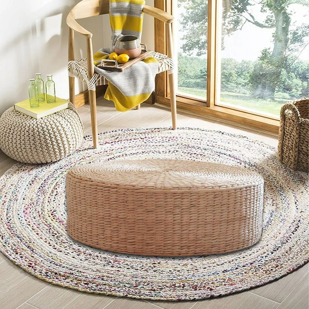 Natural Straw Floor Cushion Pouf Pure Hand Woven Room Patio Seat Pillow Yoga Worship Flat Mat Pad for Outdoor Indoor 40cm