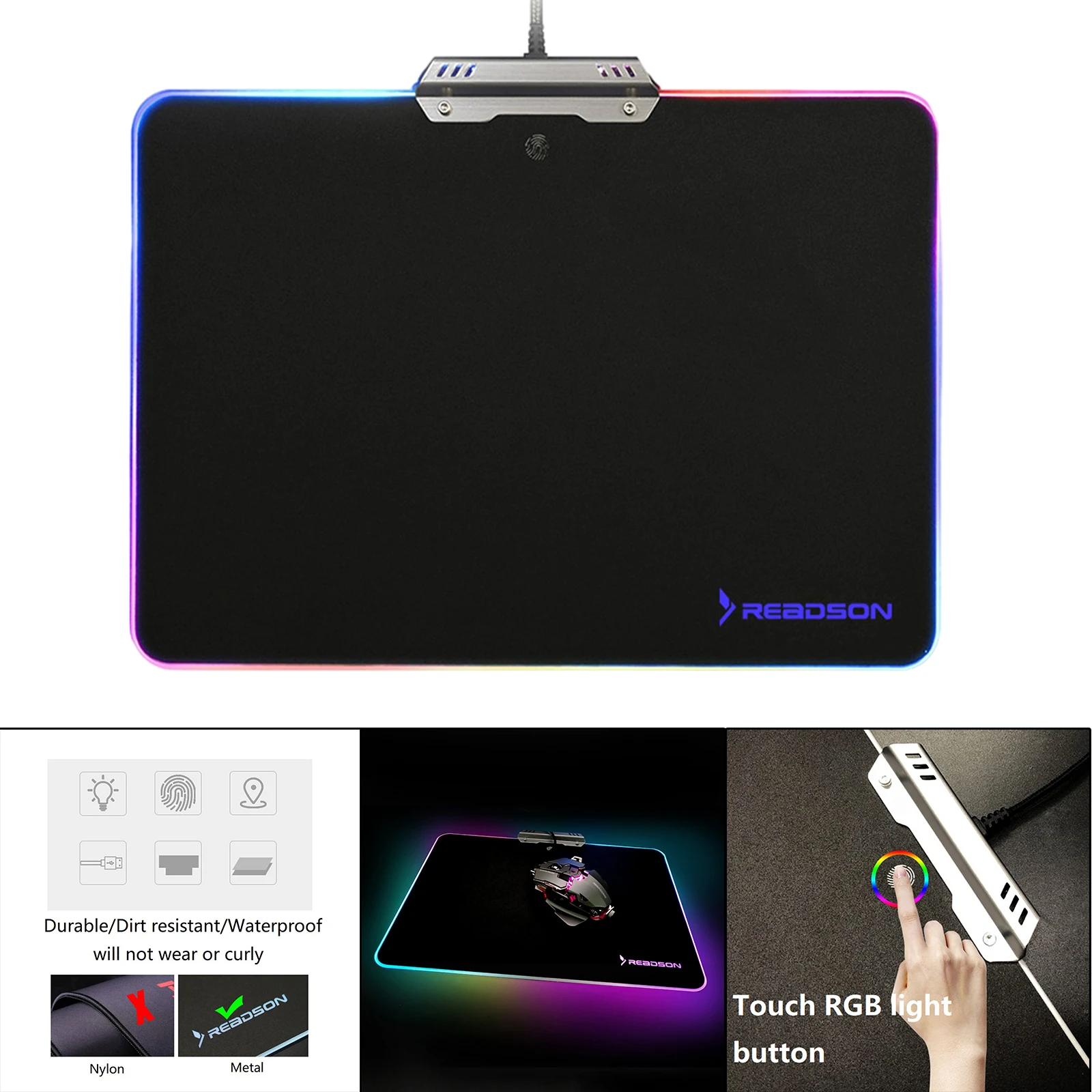 Metal Gaming Mouse Pad Non-Slip Rubber Base Large Mouse Mat USB Computer Mousepad with Backlit for Office Home