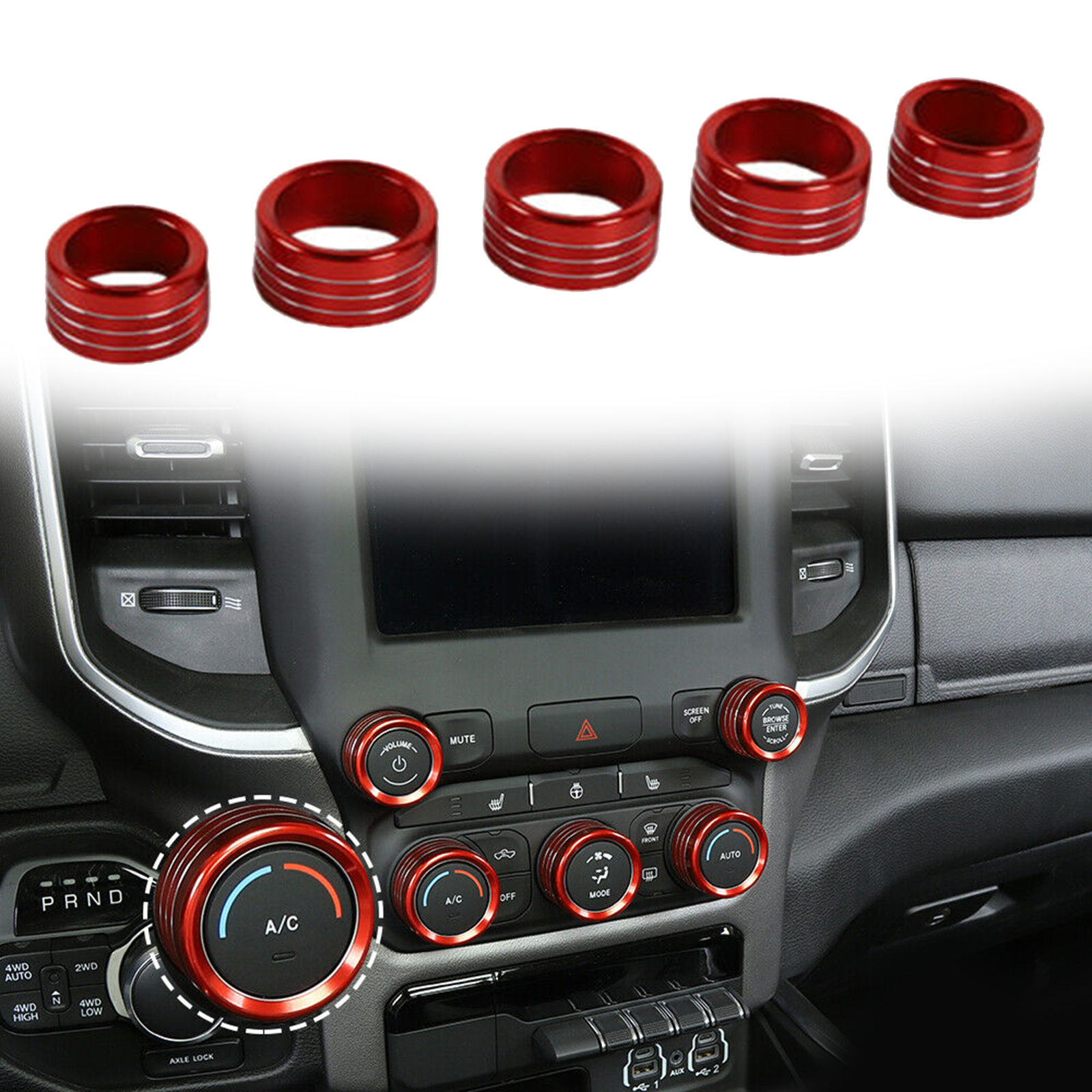 5 P ks Aluminum Center Console   Radio Switch Knob Cover Trim Rings For  RAM 1500 2018+