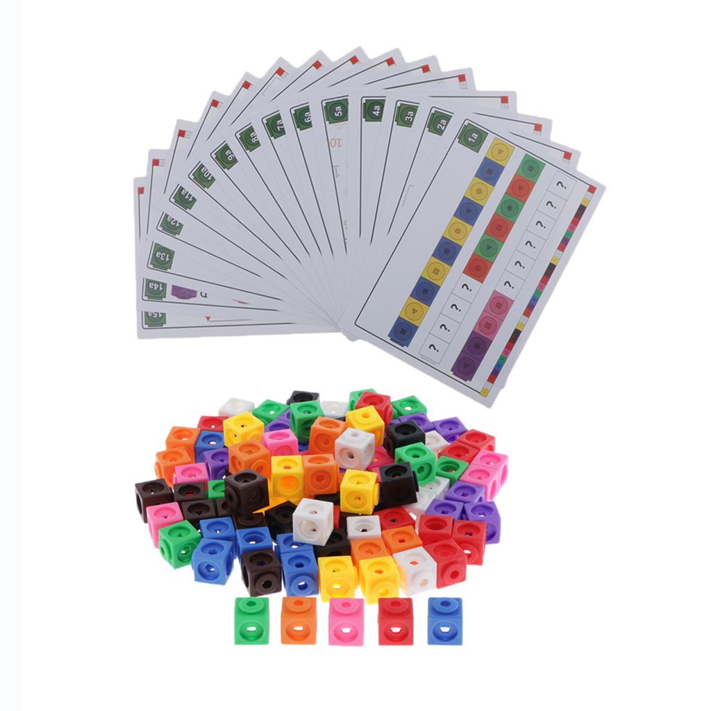100 Pieces Math Link Cubes - Interlocking Snap Blocks Set with 15 Cards - for