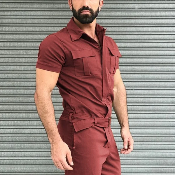 2021 Fall Men Short Sleeve Basic Work Coverall Male Pure Color Cargo Overalls Casual Street Wear Jumpsuit Men's Fashion Overalls green cargo pants men