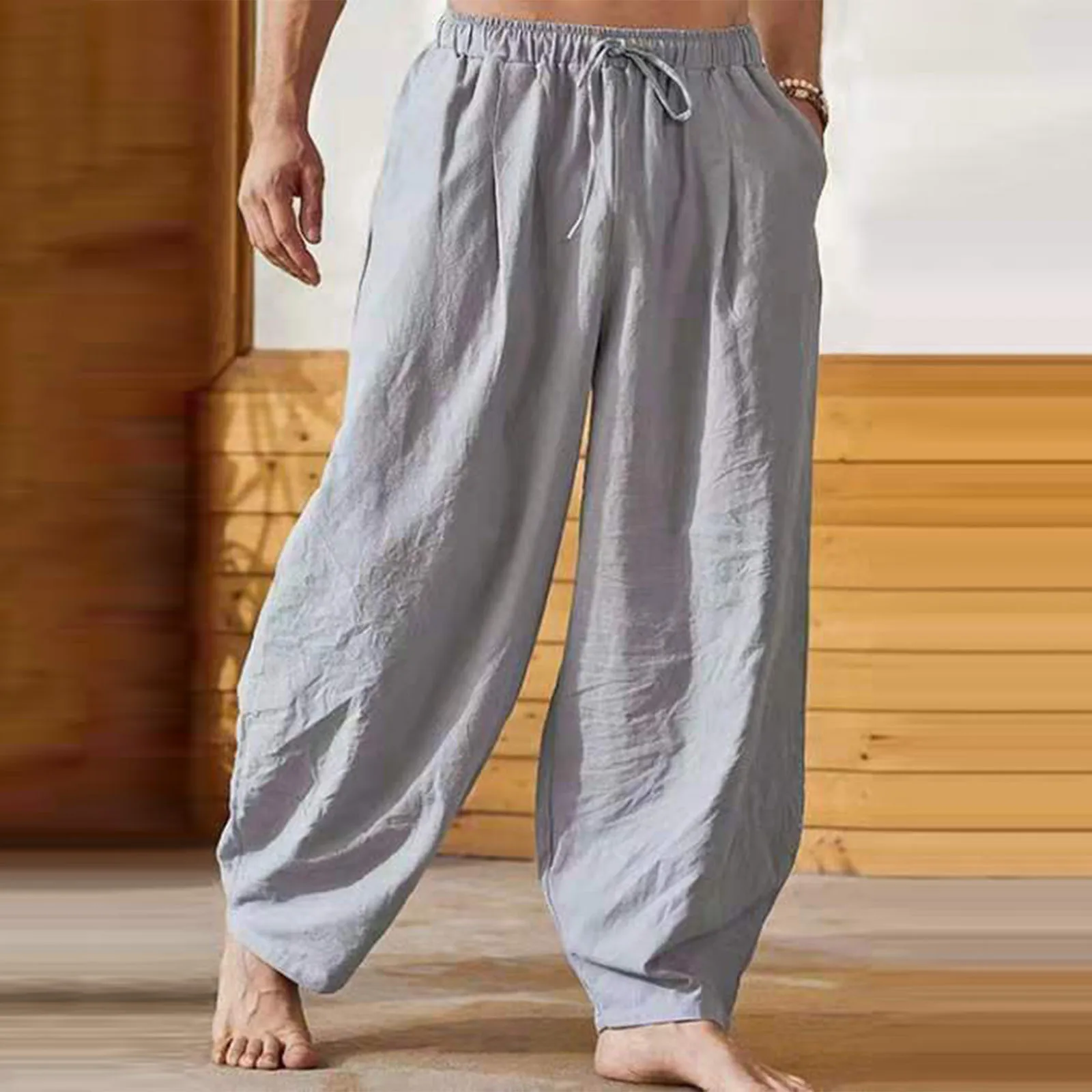Men's Summer Cotton Linen Pants Yoga Drawstring Loose Baggy Elasticated Trousers 
