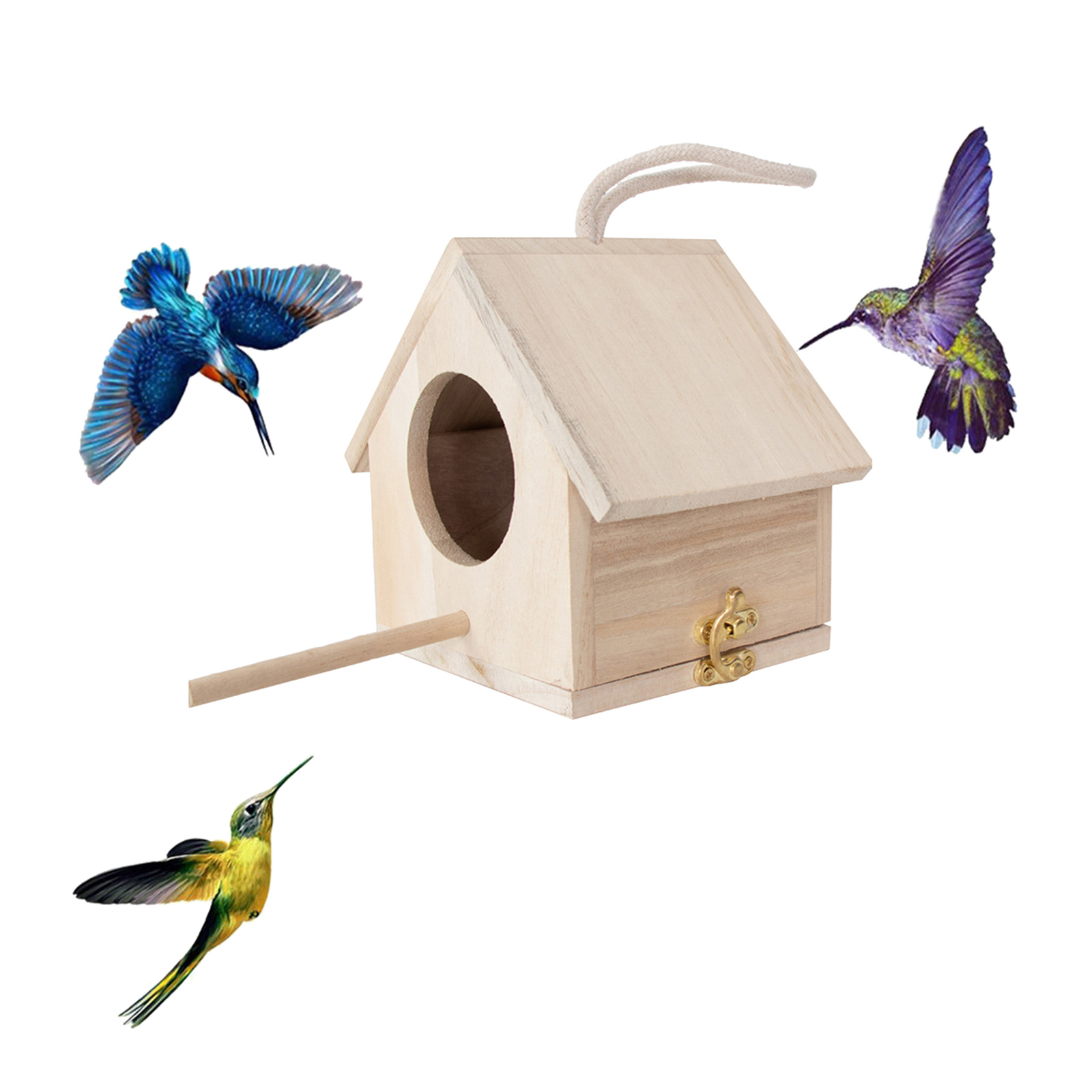 Unpainted Wooden Birdhouse with Perch Hanging Bird Cage Bird Breeding Nest