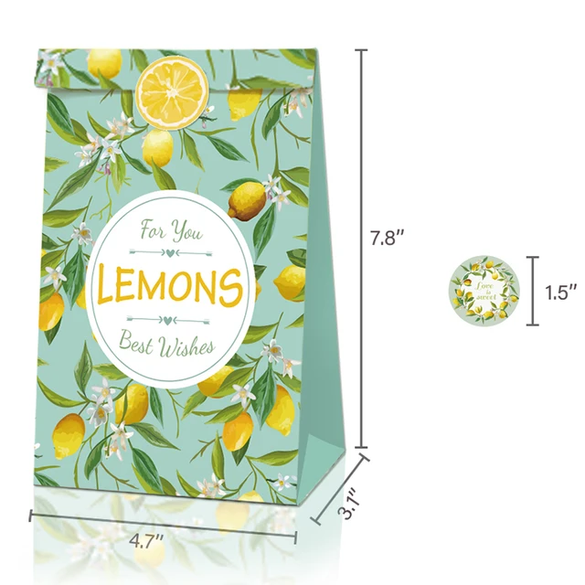 24pcs Lemon Party Bags,Summer Cool Paper Bags,Lemon Juice Gift Bags,Yellow  Lemon Party Favor Bags with 36pcs Lemon Stickers
