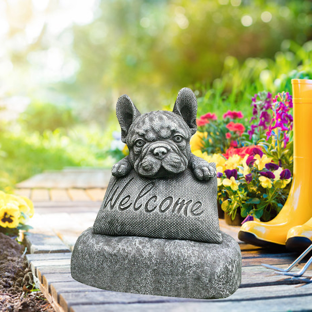 French- Statue Garden Dog Statue Decoration Welcome Sign Resin Craft Ornament Indoors Outdoors Sculpture Yard Art