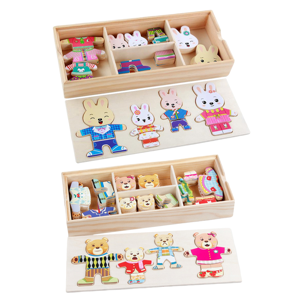 Wooden Puzzle Toy Changing Clothes Dress Up Bears/ Rabbits Sorting Matching Toys