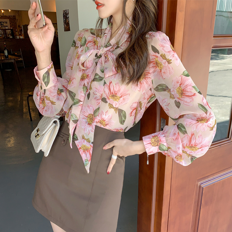 femme primavera chiffon camisa blusa floral laço