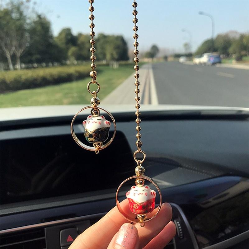 Car Pendant Lucky Cat Rearview Mirror Decoration Ceramics Alloy Dashboard Accessories Gift
