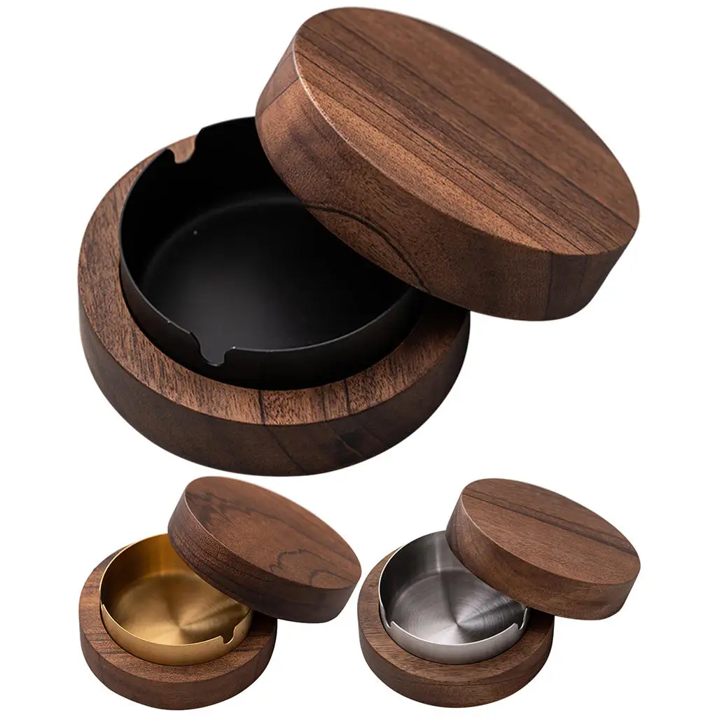 Portable Wooden Ashtray with Lid Easy Clean Waterproof Tabletop Decor Smokeless Ashtray for Parties Patio Outside Indoor Outdoor