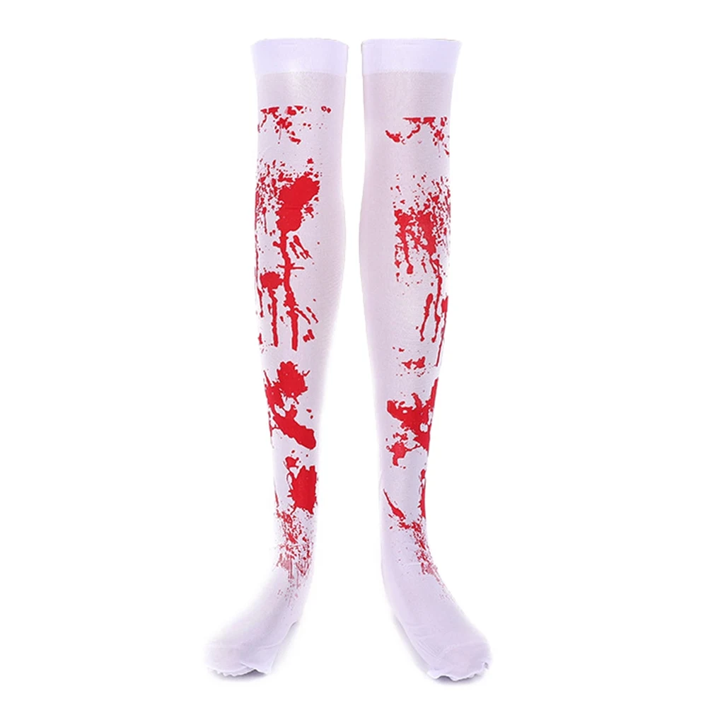 INCHIO 2 Pair Women Stockings High Socks for Halloween Cosplay Costume Bloody Socks White and Red Blood Stained 