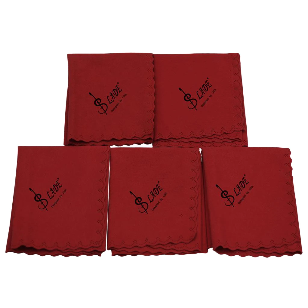 5Pcs Cleaning Cloths Polish Cloth 250x250mm for Guitar Violin Saxophones Cleaner, Wind Red