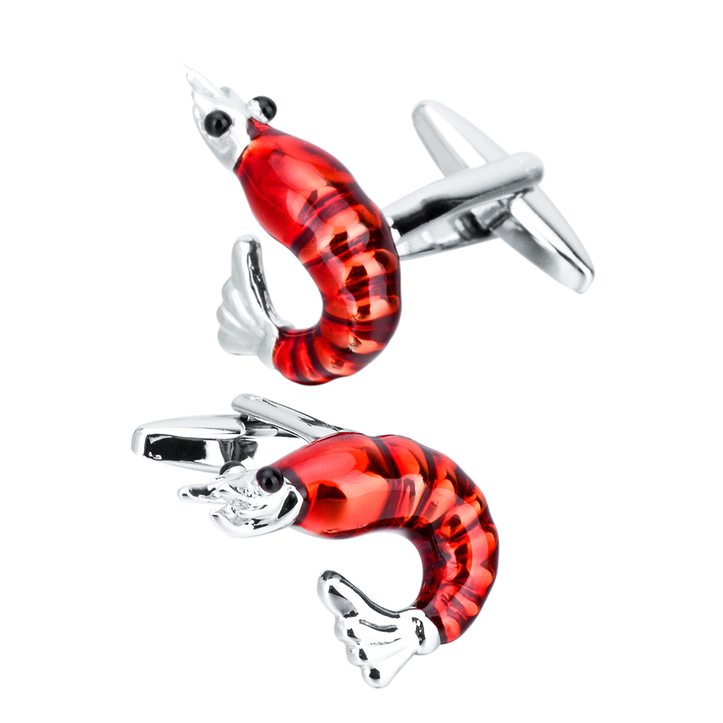 3D Red Shrimp Lobster Animal Brass Cufflinks Funny Mens Cuff Links Jewelry