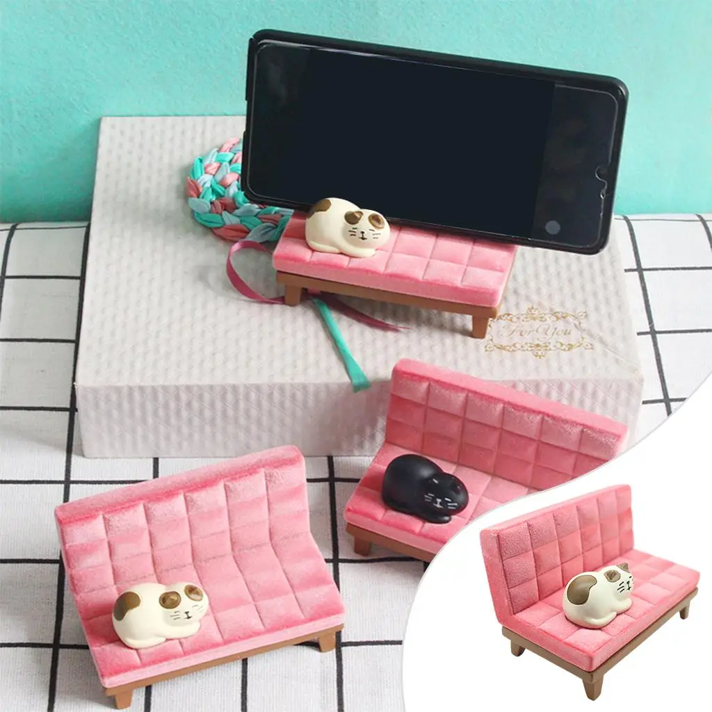 Sofa Phone Stand Girly Home Ornament Animal Free YOU Hands Holder for Flocking Cute Kitty - Pink White Cat