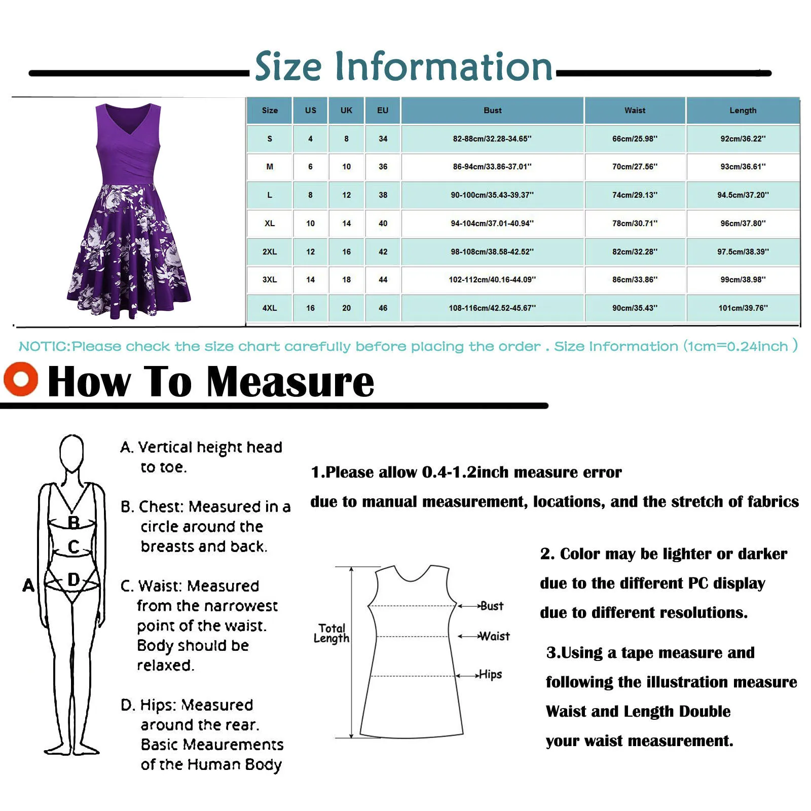 Size Chart: Floral Vest V-neck Knee-length Party Dress
