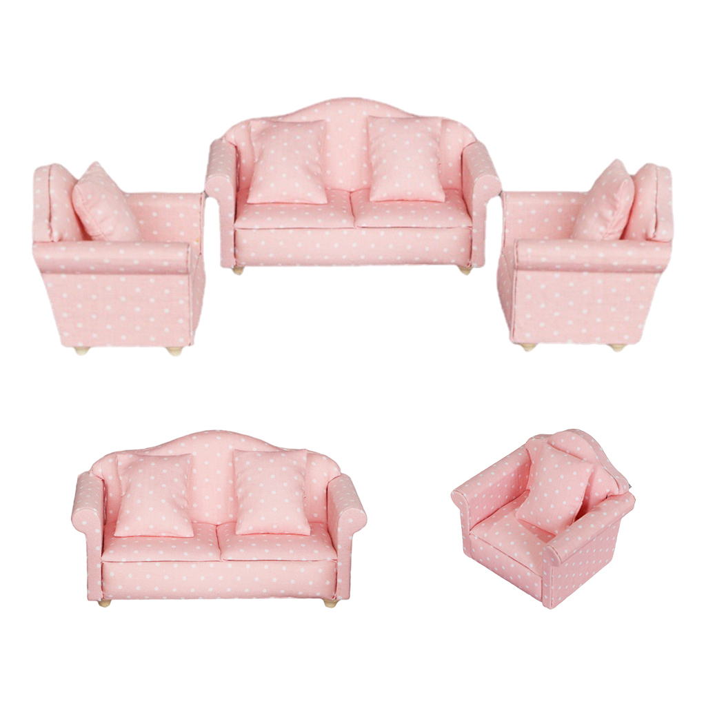 Wooden Mini Pink Sofa & Cushion Furniture for 1:12 Doll House Decorative
