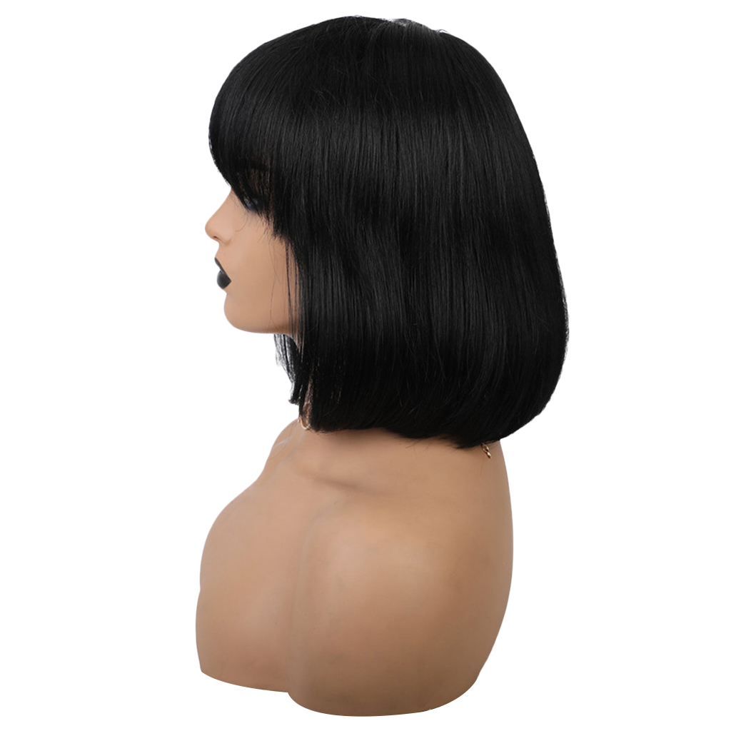 Women Short Bob Middle Part Wigs with Flat Bangs Straight Human Hair Flapper Cosplay Full Head Wig 12’’