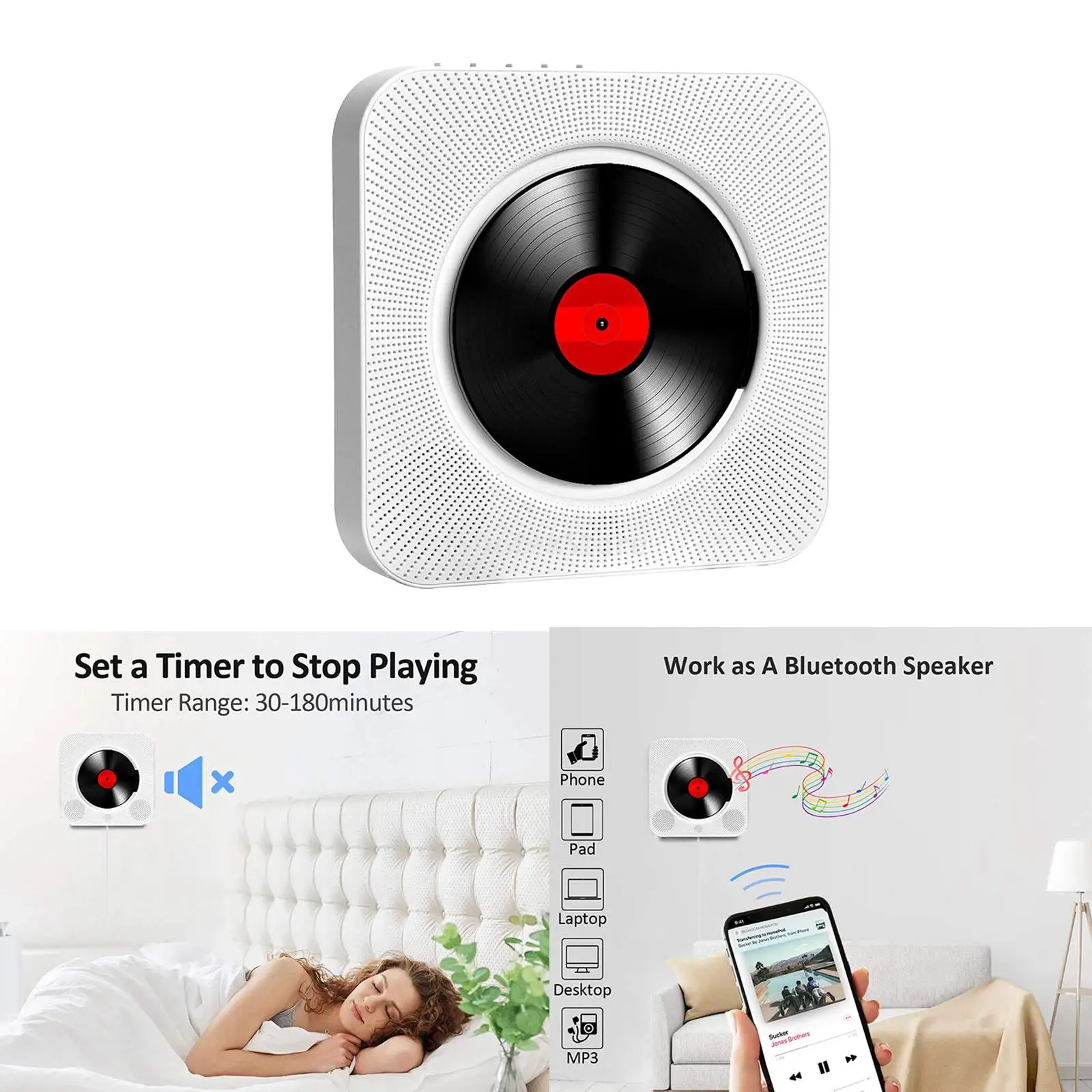 White Bluetooth CD Player Wall Mountable Remote Control w/Headphone Jack AU