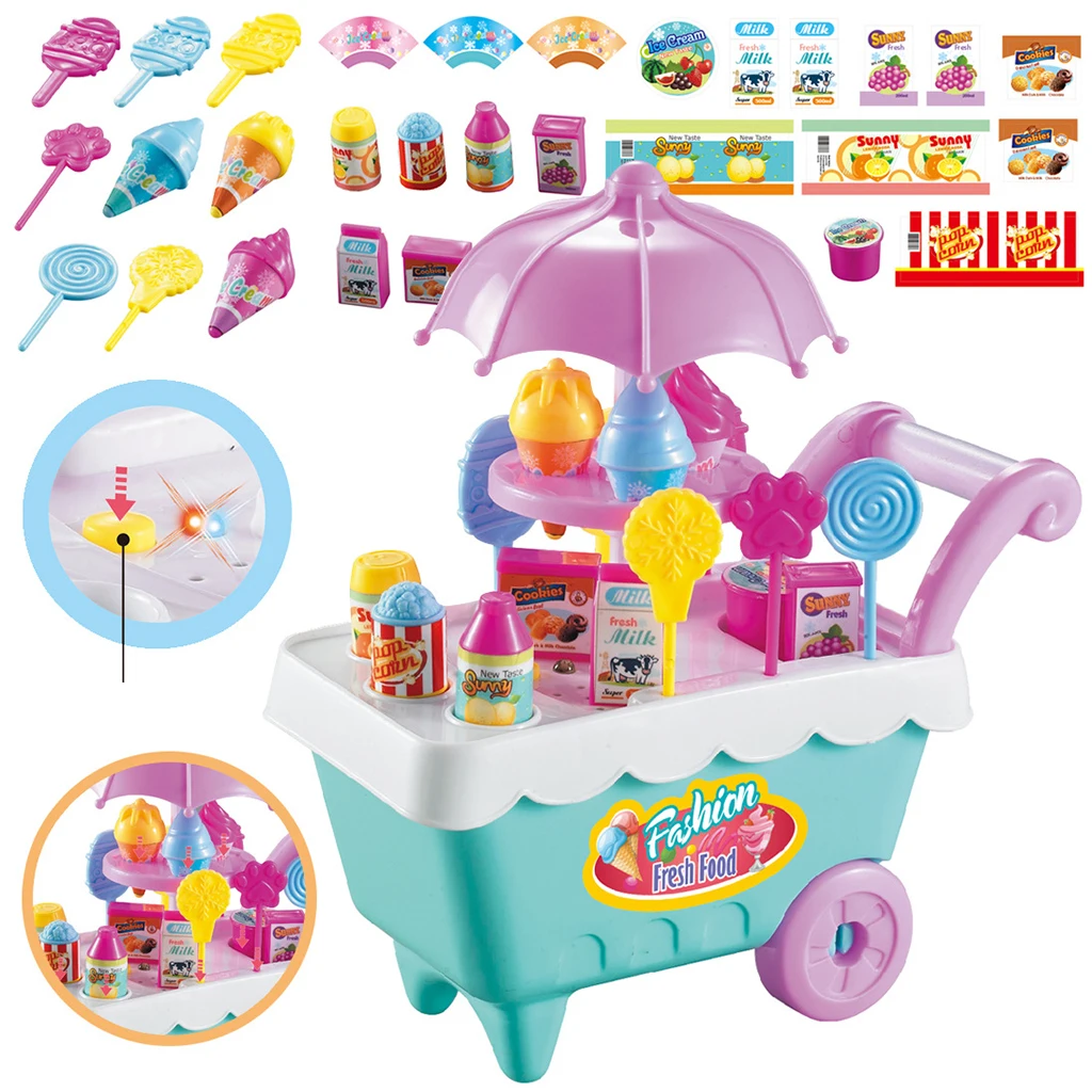 Ice Cream Cart Shop Toy, Pretend Play Toy Set with Music Lighting Xmas Gift