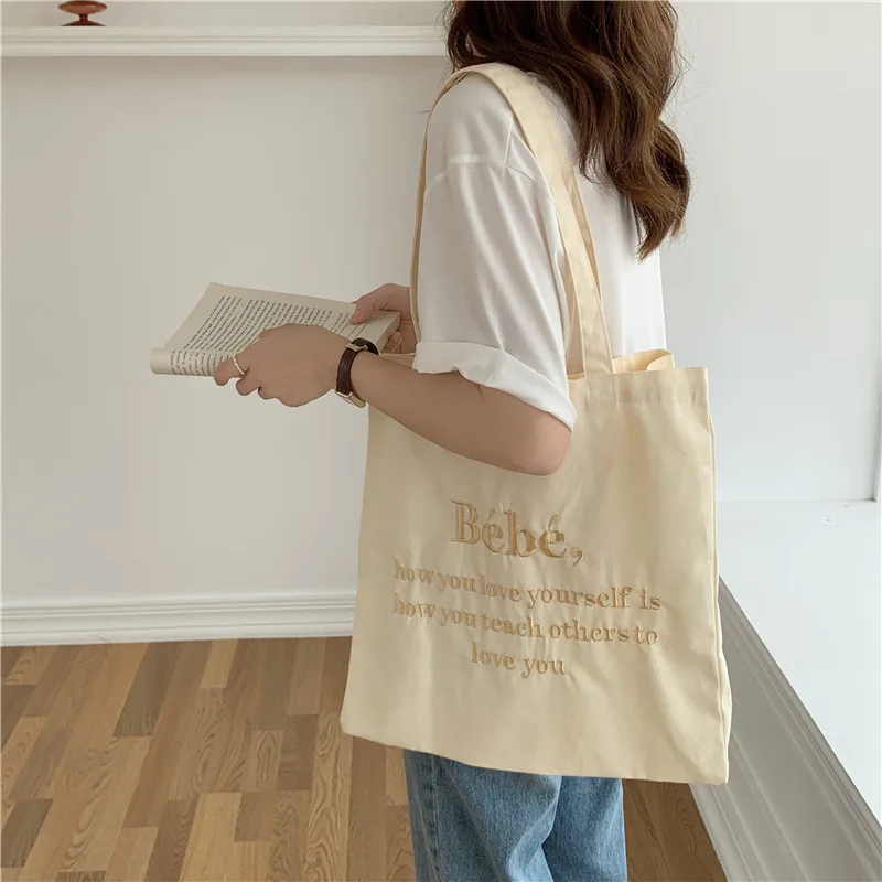 Letter Embroidered Women Canvas Shoulder Bag Female Girls Student Book Tote Handbags Large Capacity Ladies Reusable Shopper Bag