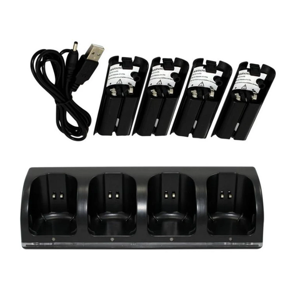4-Port Charger Dock Charging Station + 4pcs 2800mAh Batteries + USB Cable for Wii Remote Controller Black
