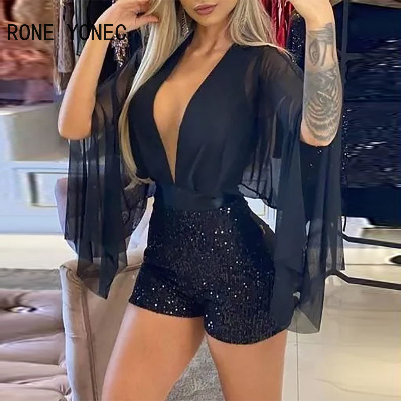 Casual Chiffon Cape Sleeve Romper feminino, Deep