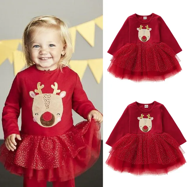 Vestido Rojo para bebé de 18 meses a 4 años, niña pequeña, ciervo, manga  larga, tutú de encaje, ropa de princesa para bebé de Navidad - AliExpress