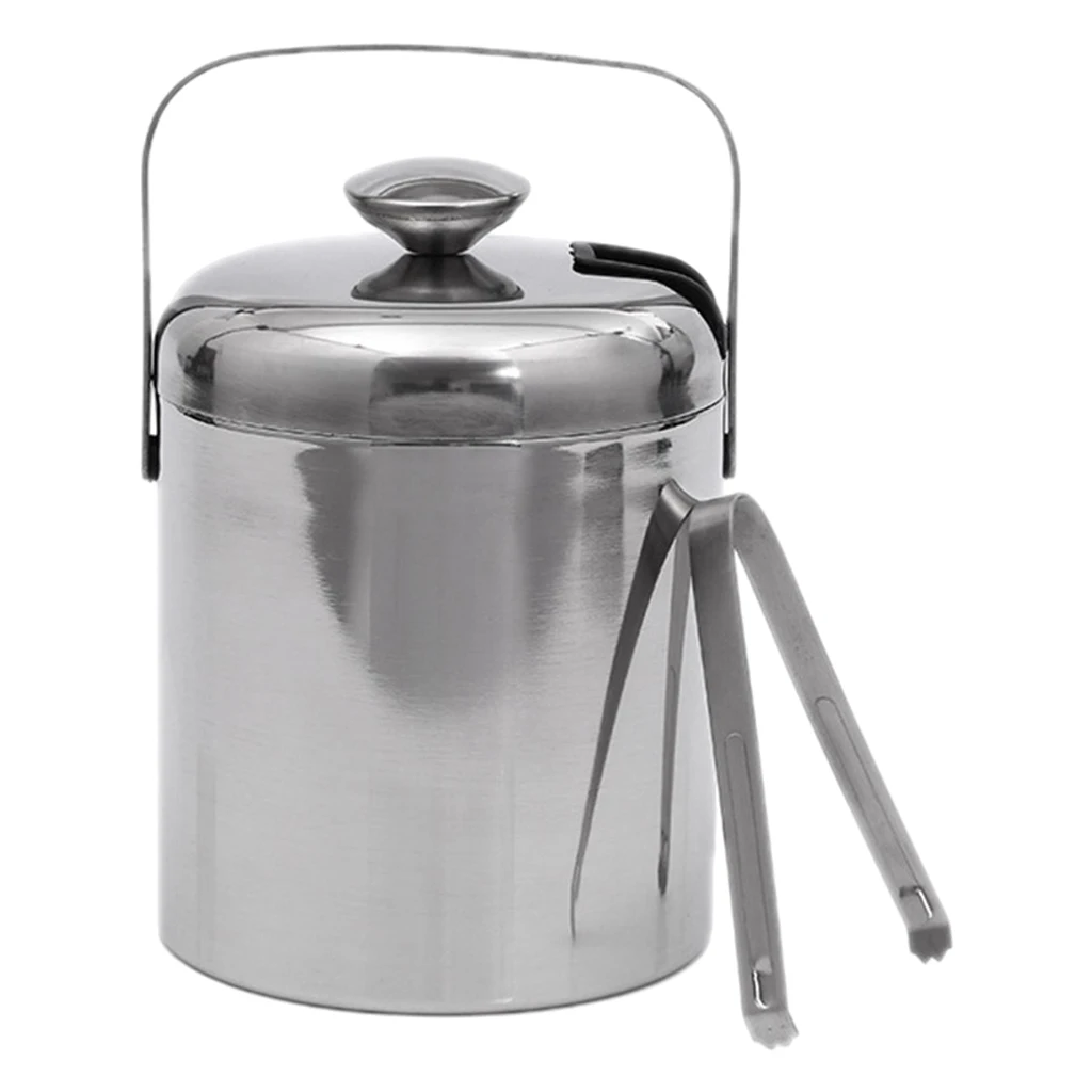 1.3L Double Walled Ice Bucket Stainless steel Ice Cube Container with Ice Tong Clip Lid for Storage and Bar Cooler
