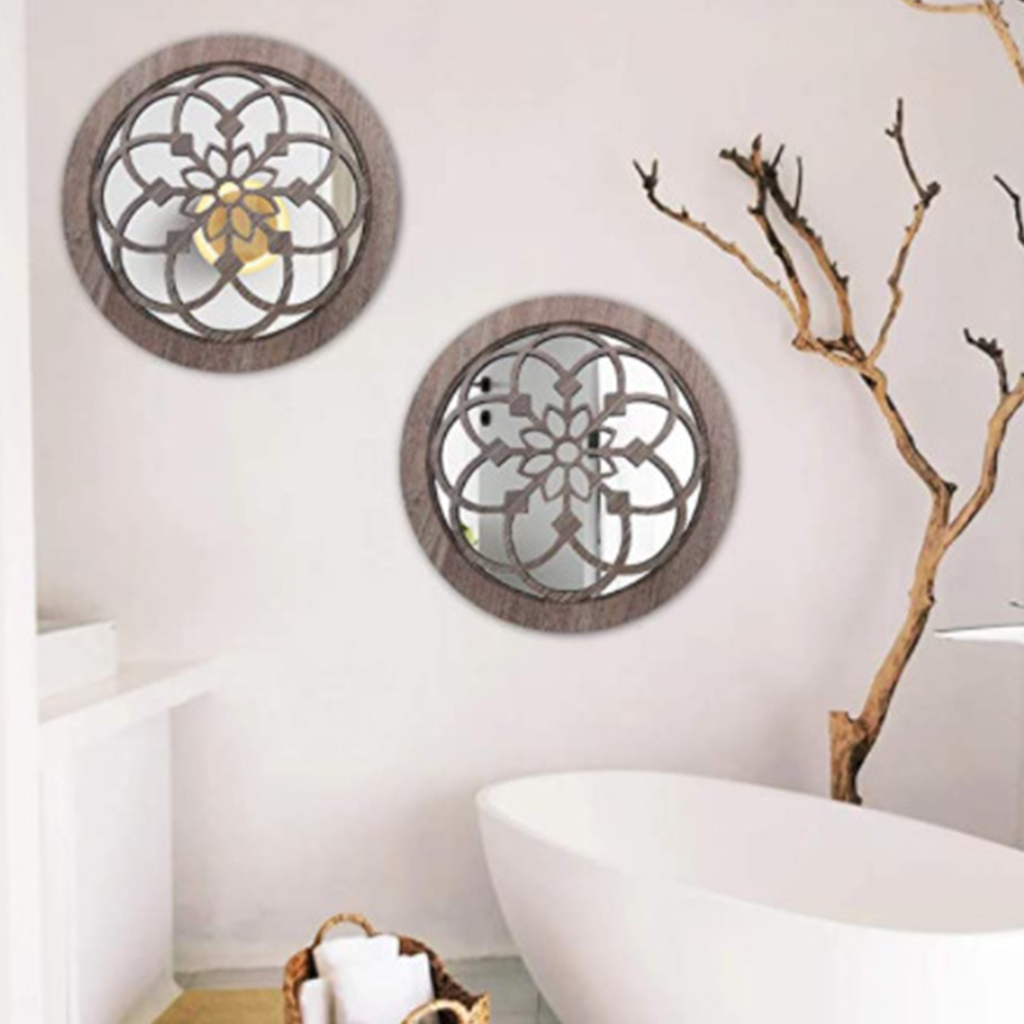 2x Chic Wall Decorative Mirror Accents Round Gorgeous Rustic LivingRoom Barn Kitchen Entry Garden Backyard Hotle Home Park Decor