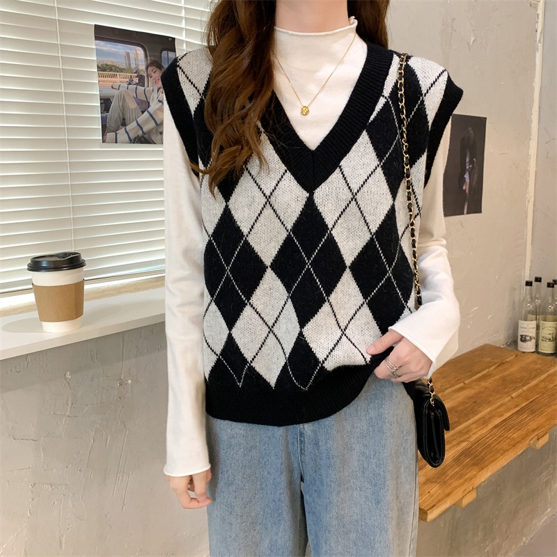 Argyle Sweater Vests Women Sweet Retro 