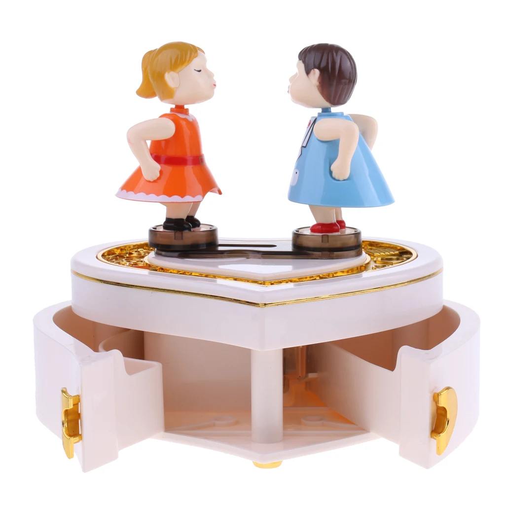 Heart Shape Kissing Doll Music Box W / Jewelry Drawer Clockwork Toy B