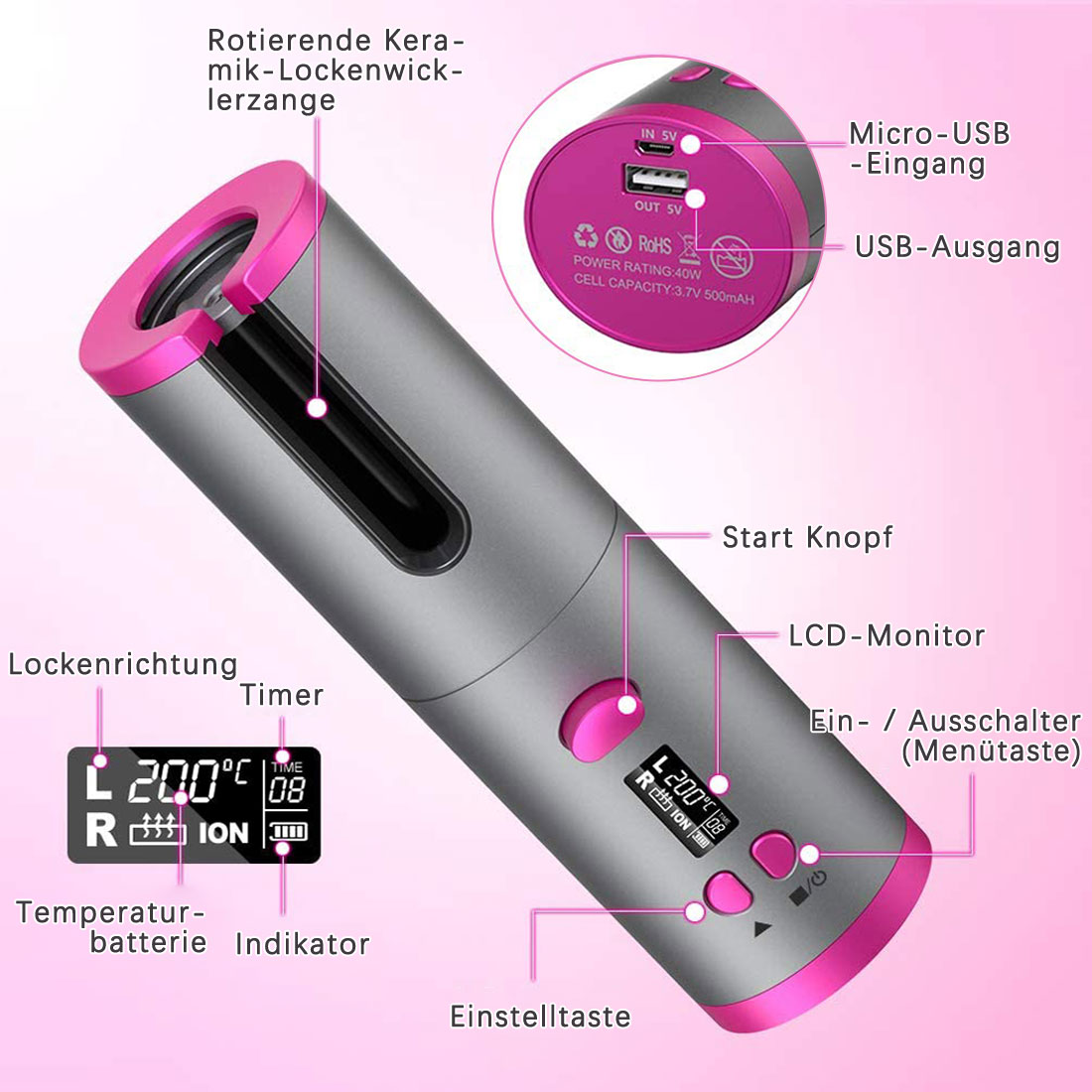 Automático sem Fio Modelador de Cabelo Lcd com 1 Pente + 2pc Cabelo Curling Ferro Portátil Recarregável Onda Styer Display Clipes Usb 17 Beleza e saúde