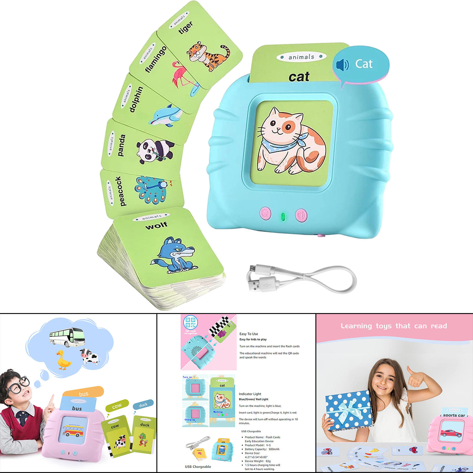 224Pcs Flash Cards Learning Machine Musical Educational Electronic Toy Interactive Toys with Sound Effects Audible for Age 2-6
