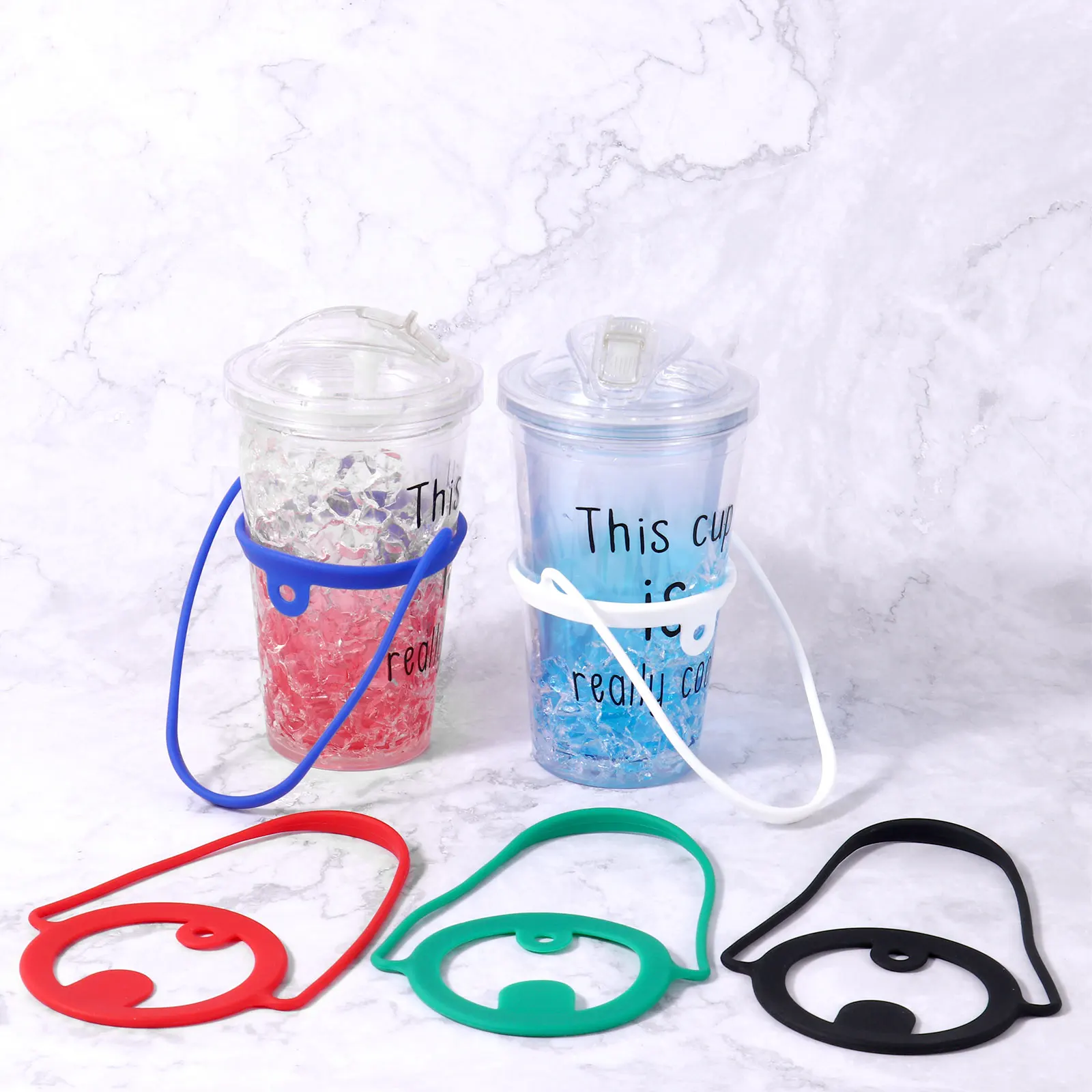 Silicone Portable Reusable Cup Insulated Drink Carrier w/Handle Tie Straw Hole 