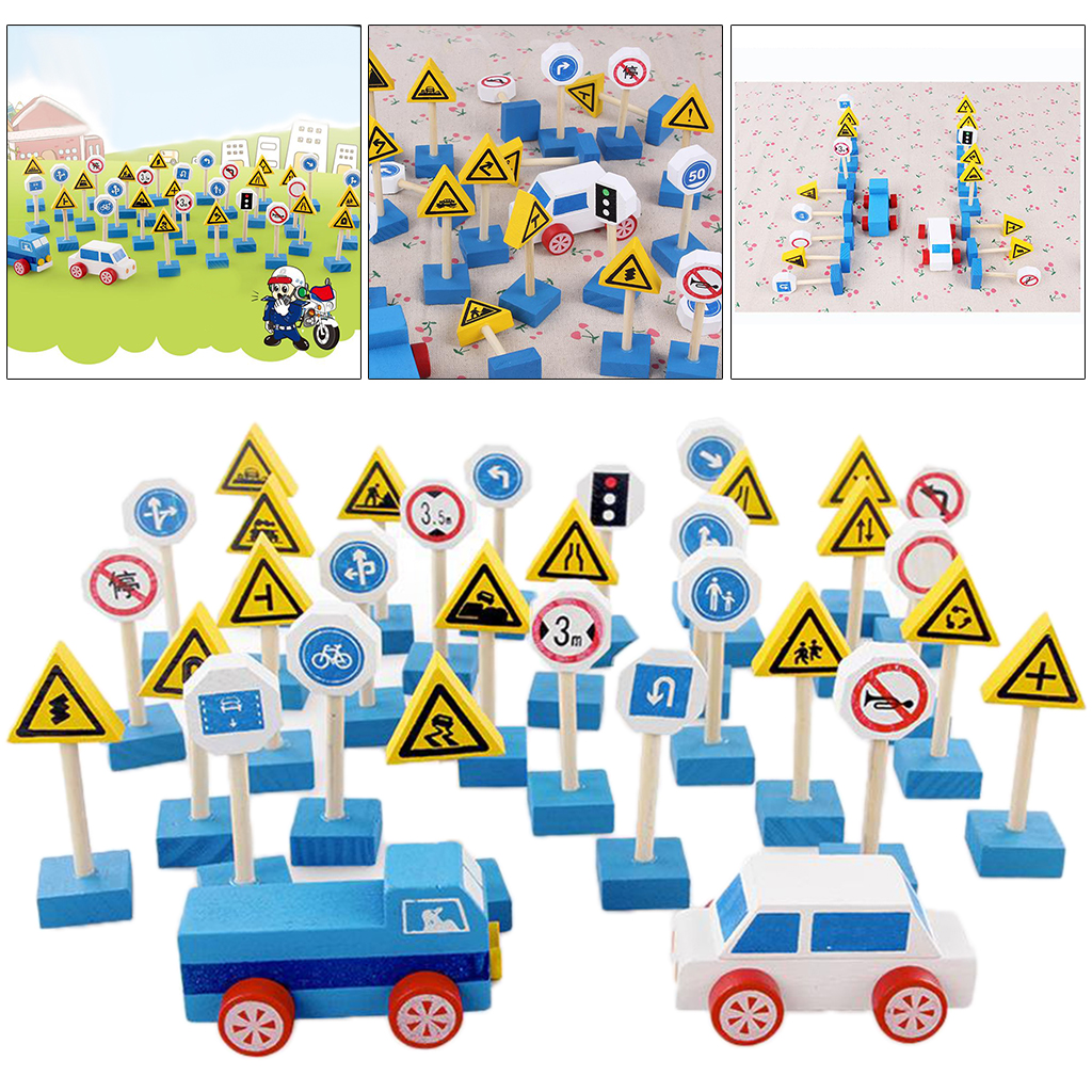 Traffic Signs Wood Wooden Toy Accessories Educational Playset Kids Play Toys