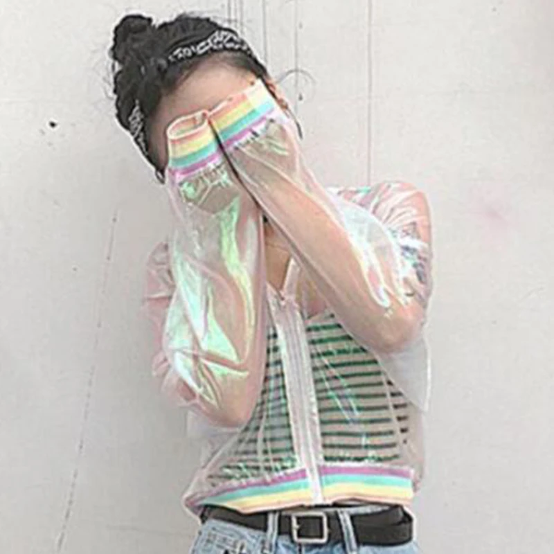 Women Stand Neck Iridescent Jacket Holographic Laser Rainbow Casual Bomber Coat