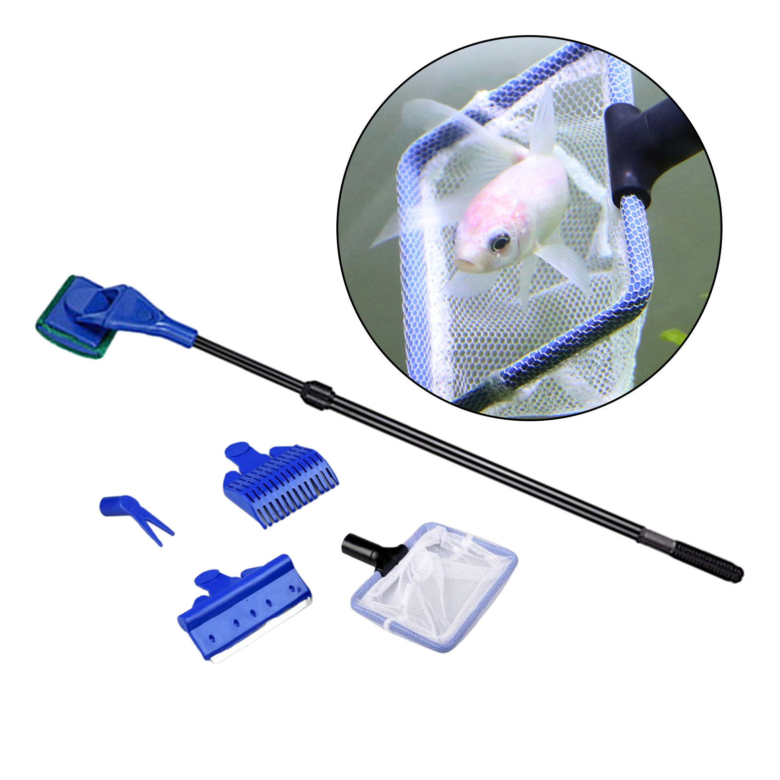 5 in 1 Aquarium Fish Tank Cleaning Kit Multiple Cleaner(Non Slip Handle) Fish Net + Scraper + Rake + Fork + Sponge