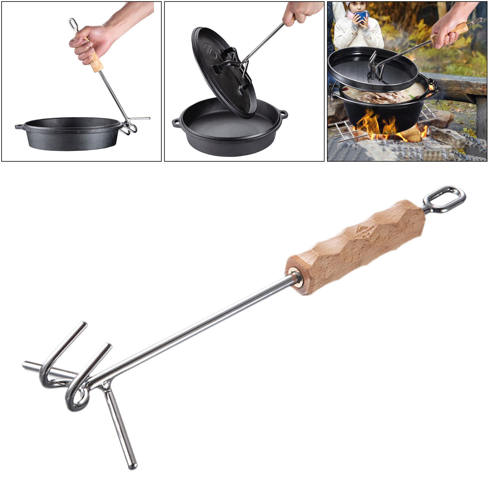 Camp Dutch Oven Lid Lifter Wooden Handle Lifting Carrying Dutch Ovens 14inch