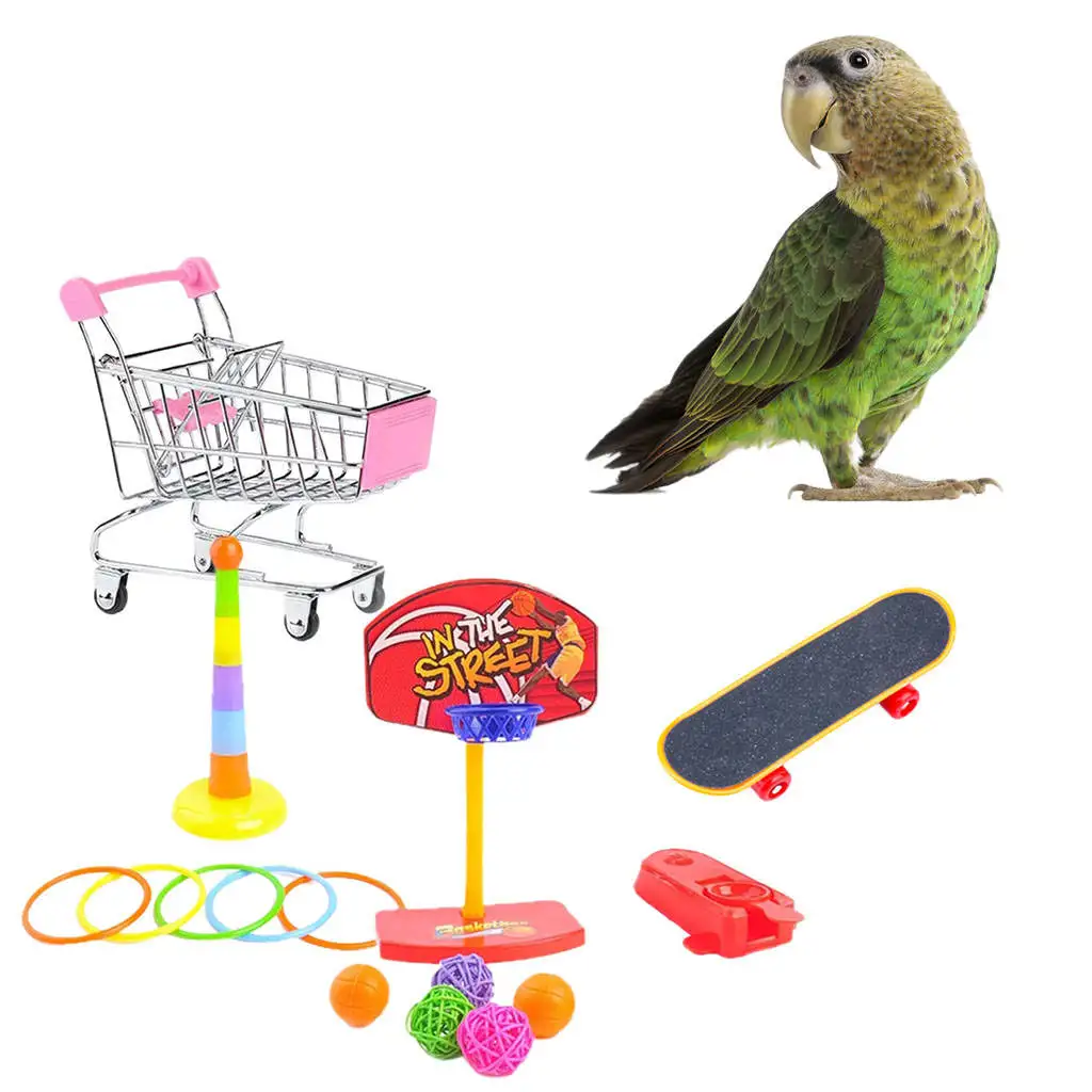 4Pcs/Set Parrot Toys Basketball Mini Shopping Cart Stacking Rings Bird Training Toys for Budgie Conure Parakeet Lovebird Cage