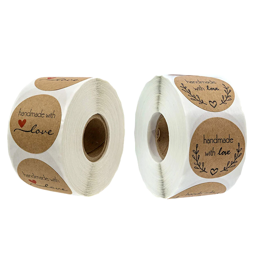 1 Roll 500pcs Round Kraft Paper Handmade with Love Stickers Labels - Black Heart