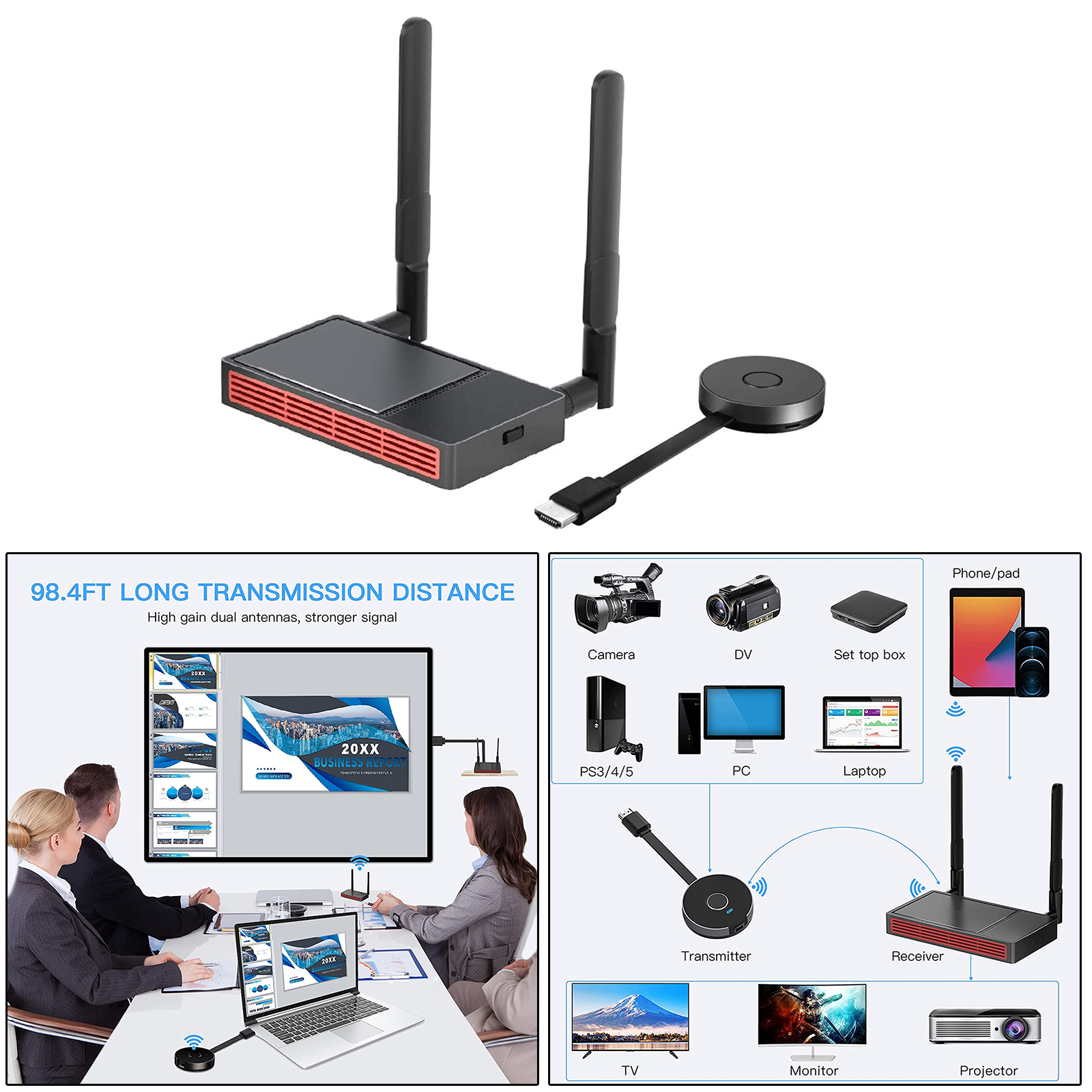 Wireless  Transmitter w/Receiver Wireless Display Dongle Mirroring Screen Plug and Play for Laptops PC Phone