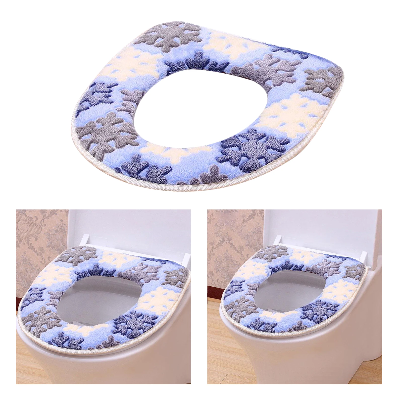 1pc Coral Fleece Toilet Seat Cover Cushion Warm Machine Washable Seat Pad Snowflake U-Type