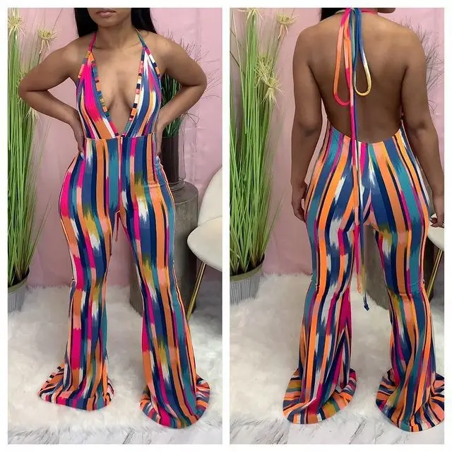 ANJAMANOR Halter Backless Striped Jumpsuit Womens Summer Clothing 2021 African Flare Pants Suits Sexy Club Outfits D89-CC36
