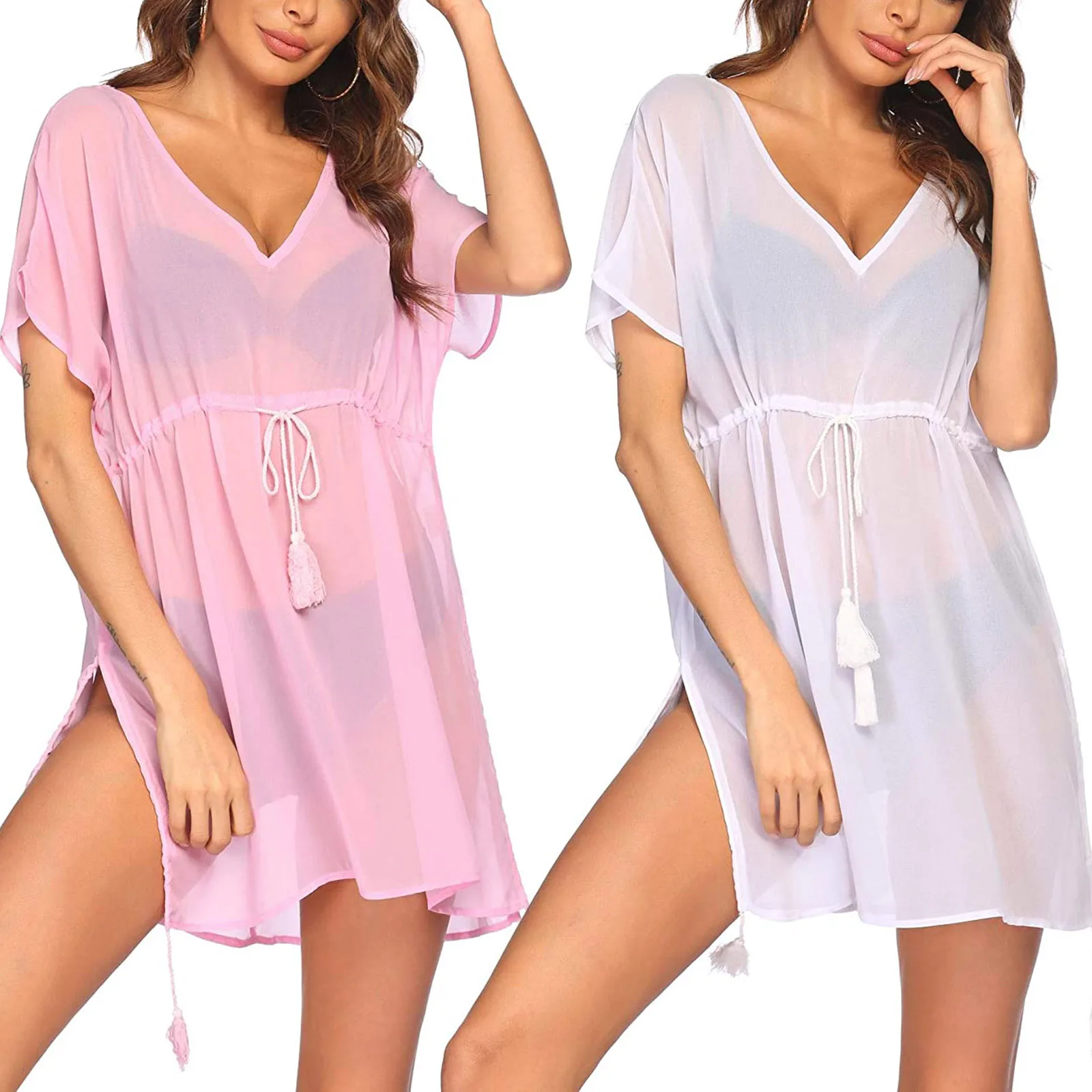2021 Sexy Women's Bikini Cover Up Solid Mesh Perspective Swimsuit Cover Dress Short Sleeve V-neck Swimwear Cover Ups Beachwear bikini cover up pants
