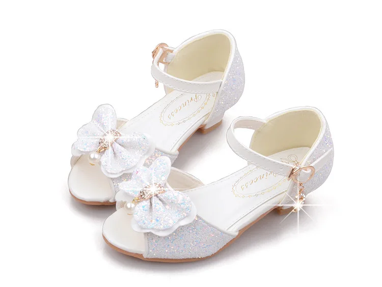 children's shoes for adults Girls Princess Shoes Shiny Children's High Heels White Show Leather Shoes New Summer Girls Bowtie Paillette Performance Sandals girl princess shoes