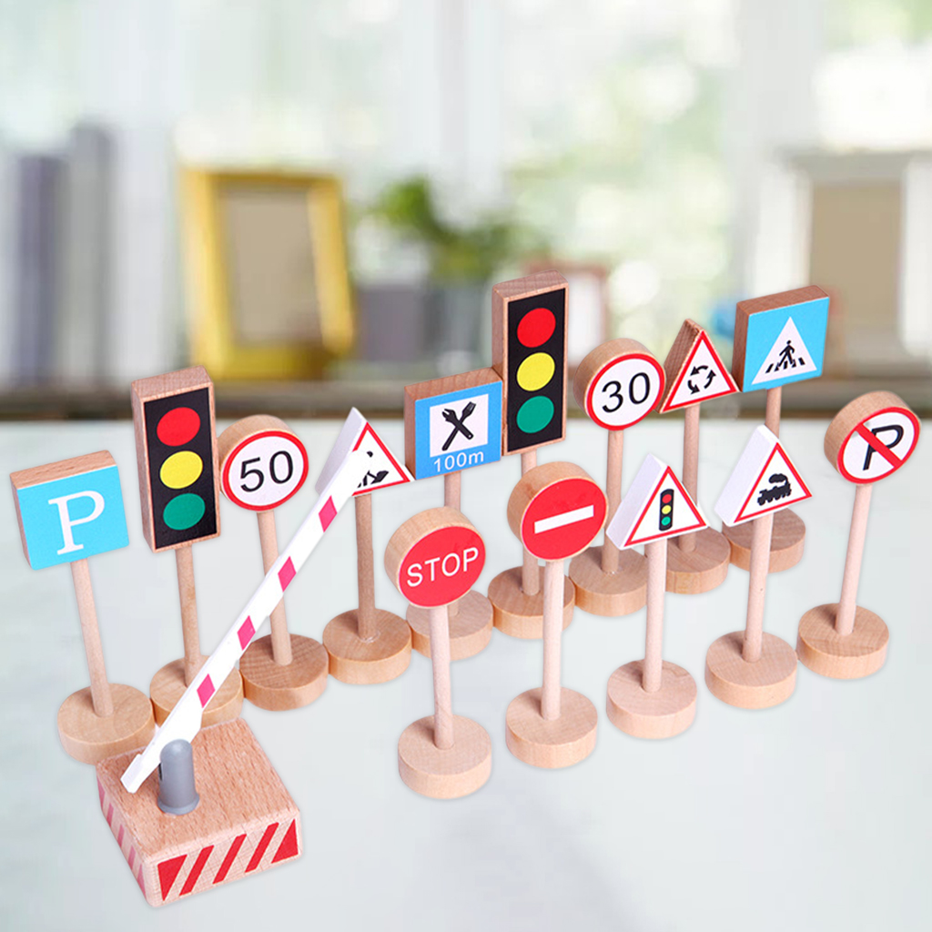 15Pcs Wood Crosswalk Road Sign Traffic Light Stop Light Signal Lights Practical Skills Birthday Party Pretend Play Toys