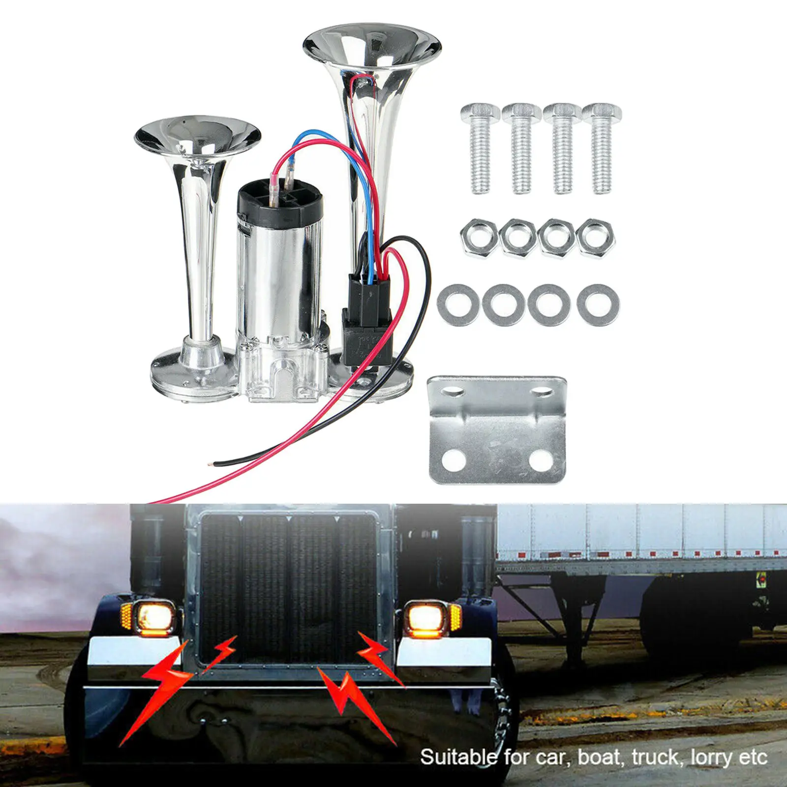 600DB 12V Dual Trumpet Super Loud Car Air Horn Speaker with Compressor Set, Easy to Install