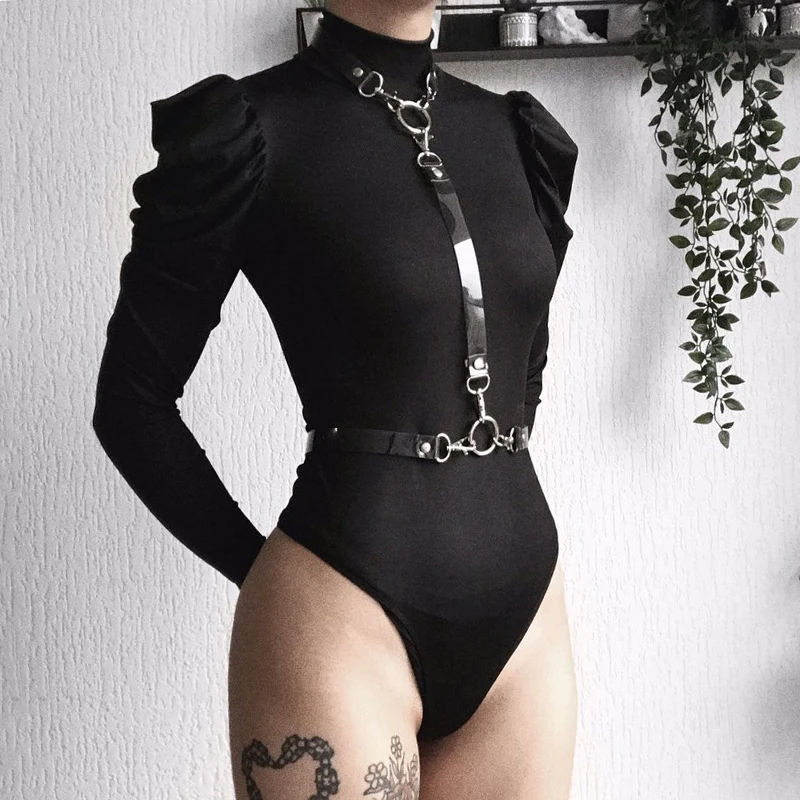 Gothic Black Skinny Bodysuit Long Puff Sleeve Turtleneck Playsuit Autumn Sexy Overalls Women Rompers E-girl Vintage Clothes