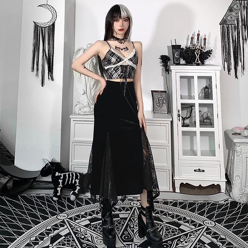 Vintage Lace Patchwork Velvet Skirt Y2K Aesthetic Gothic Black High Wait Long Skirt E-girl Harajuku Streetwear Women Clothes