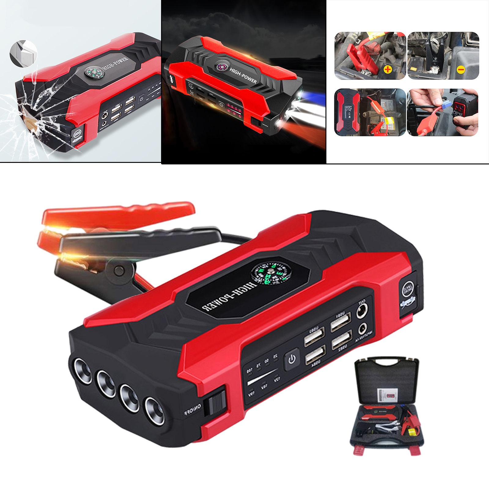 12V Car Jump Starter Peak 400A 10000mah LED Flashlight for Carry Case