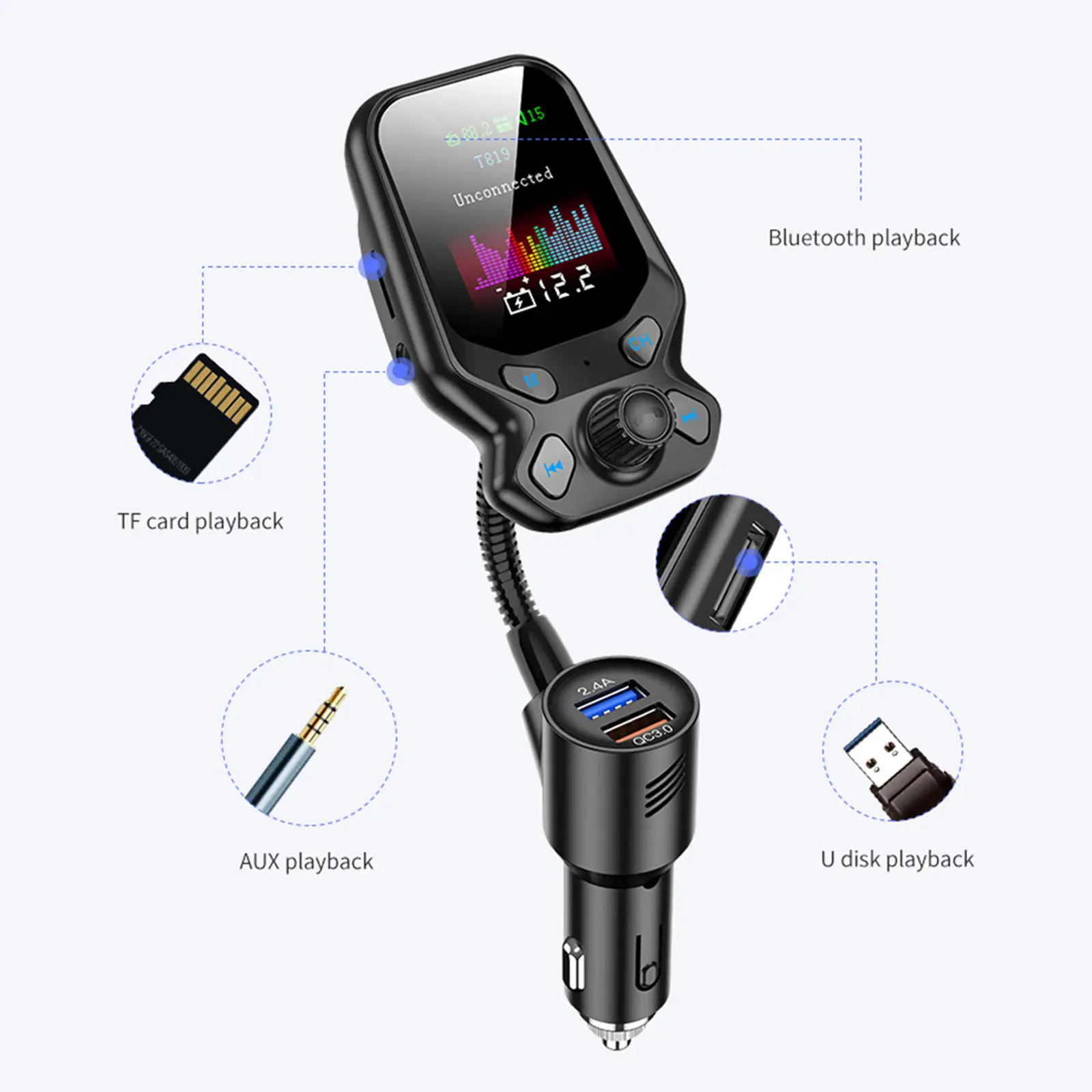 Car Wireless Bluetooth 5.0 MP3 Player FM Transmitter QC3.0 Fast Charger Radio Adapter